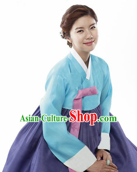 Korean Traditional Bride Mother Hanbok Blue Satin Blouse and Navy Dress Garment Asian Korea Fashion Costume for Women