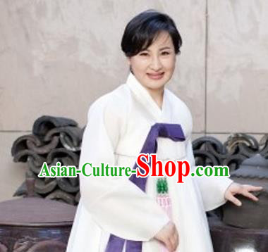 Korean Traditional Bride Mother Hanbok White Satin Blouse and Dress Garment Asian Korea Fashion Costume for Women