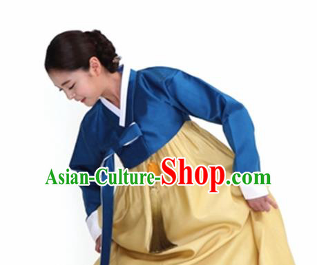 Korean Traditional Bride Mother Hanbok Navy Satin Blouse and Yellow Dress Garment Asian Korea Fashion Costume for Women