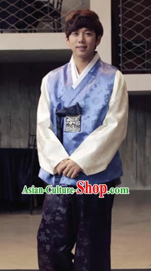 Korean Traditional Blue Vest and Purple Pants Hanbok Asian Korea Bridegroom Fashion Costume for Men