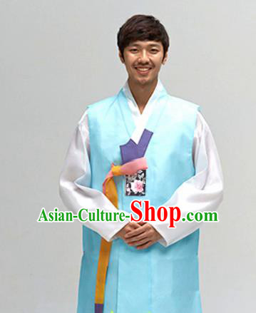 Korean Traditional Wedding Blue Long Vest and Pants Hanbok Asian Korea Bridegroom Fashion Costume for Men