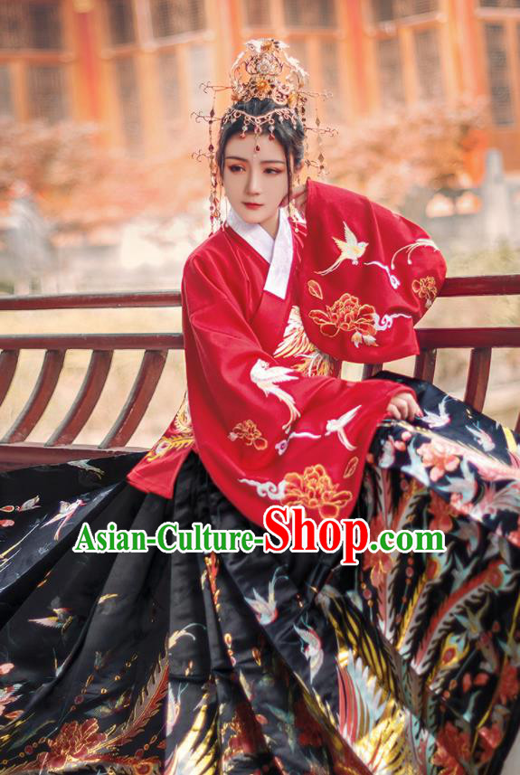 Chinese Traditional Ming Dynasty Princess Red Brocade Blouse and Skirt Ancient Palace Lady Costumes for Women