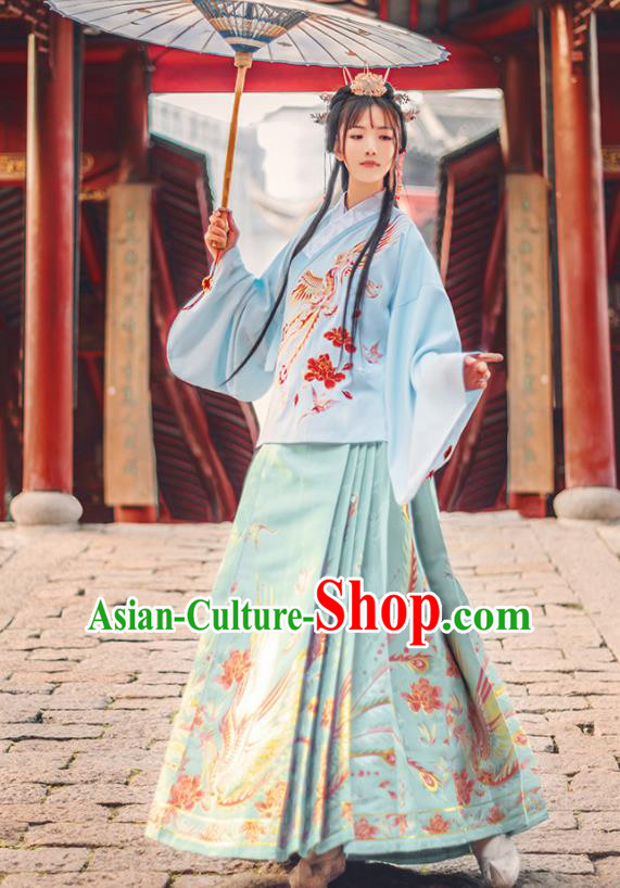 Chinese Traditional Ming Dynasty Nobility Lady Blue Brocade Blouse and Skirt Ancient Palace Princess Costumes for Women