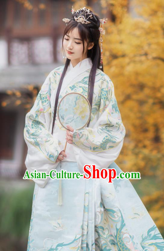 Chinese Traditional Hanfu White Brocade Blouse and Blue Skirt Ancient Ming Dynasty Court Princess Costumes for Women