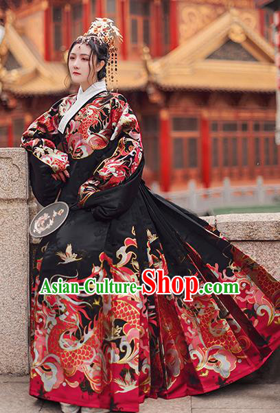 Chinese Traditional Hanfu Black Brocade Blouse and Skirt Ancient Ming Dynasty Imperial Consort Costumes for Women