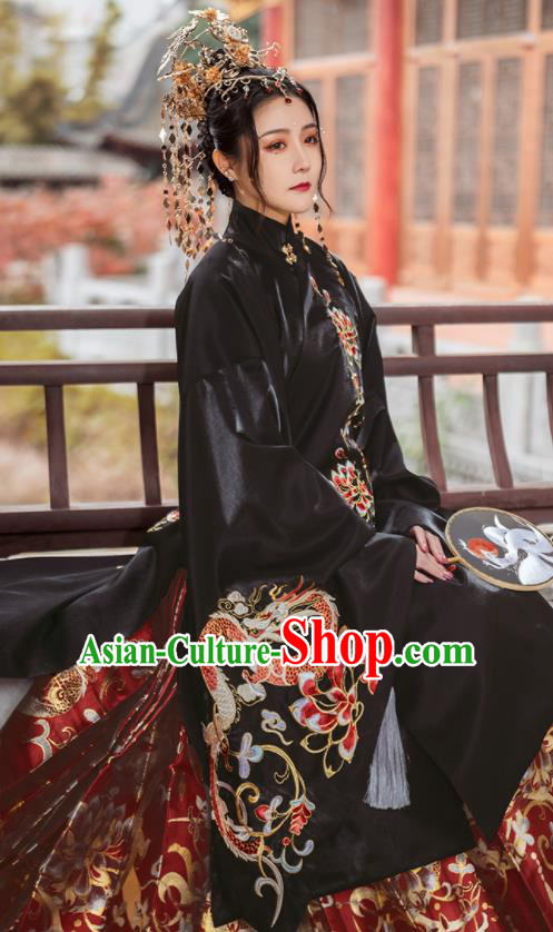 Chinese Traditional Court Black Brocade Long Blouse and Skirt Ancient Ming Dynasty Imperial Consort Costumes for Women