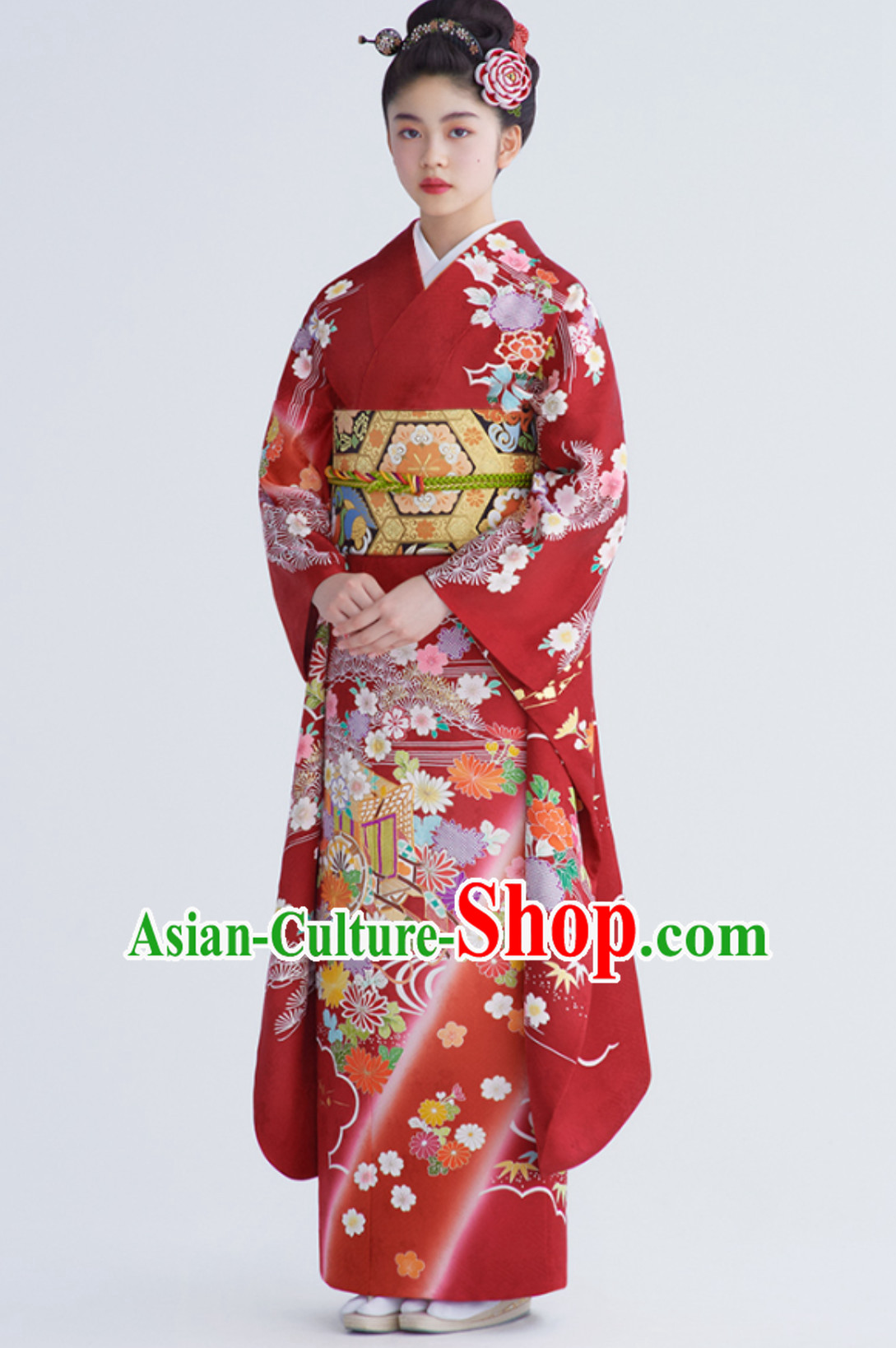Traditional Asian Japan Clothing Japanese Fashion Apparel Printing Furisode Kimono Costume Complete Set for Women