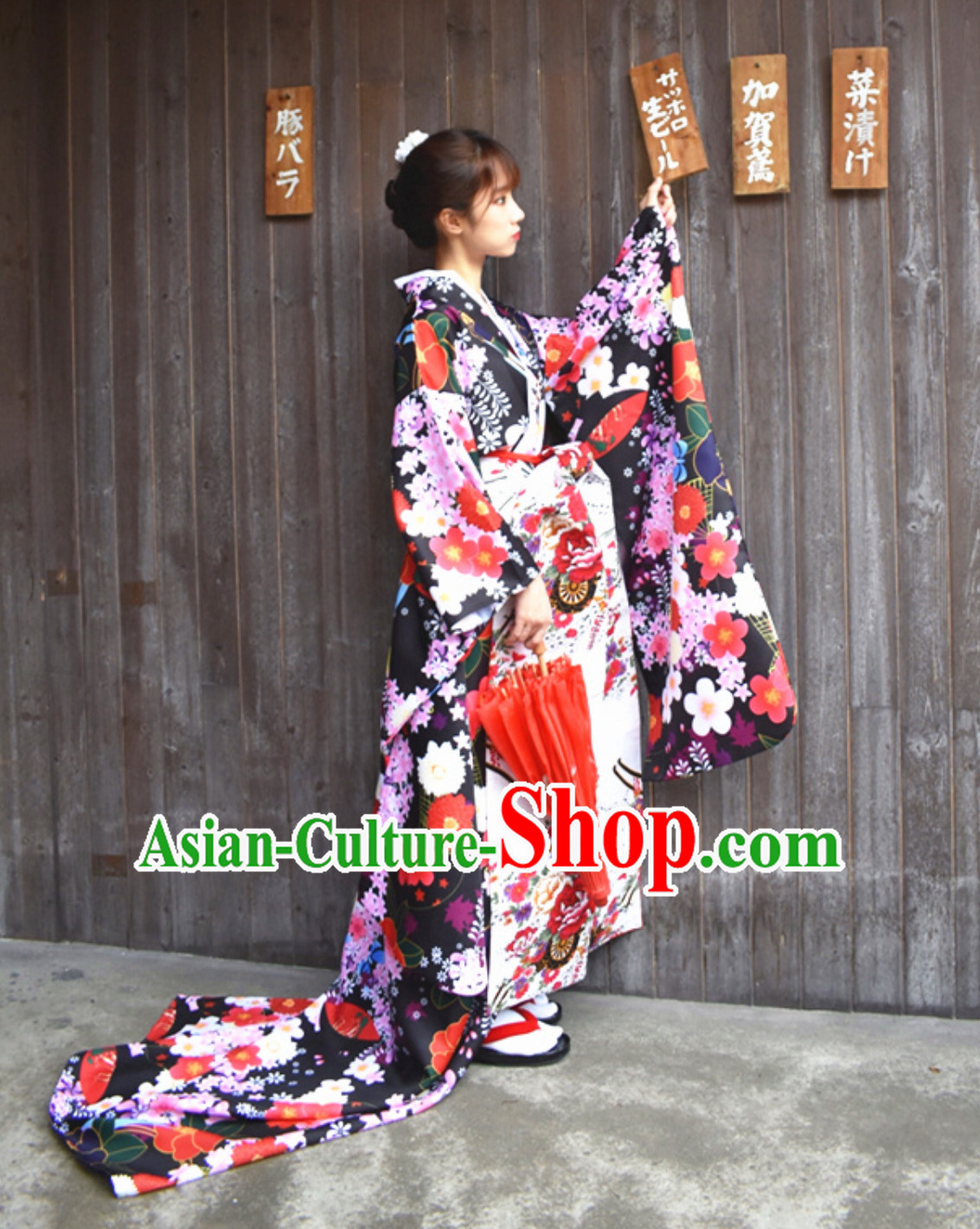 Classical Asian Japan Clothing Japanese Fashion Apparel Printing Furisode Kimono Costume Complete Set for Women