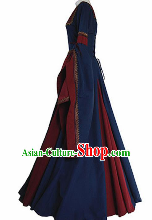 Western Halloween Renaissance Cosplay Queen Deep Blue Dress European Traditional Middle Ages Court Costume for Women