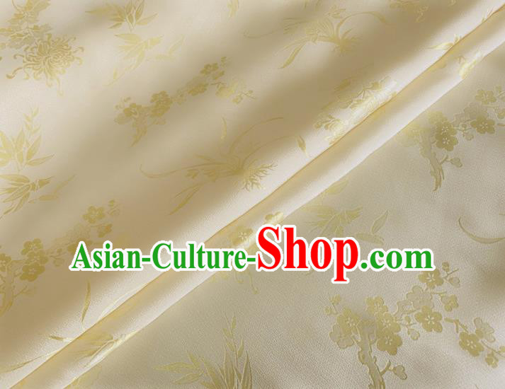 Asian Chinese Classical Plum Orchid Bamboo Chrysanthemum Pattern Design Light Yellow Jacquard Fabric Traditional Cheongsam Silk Material