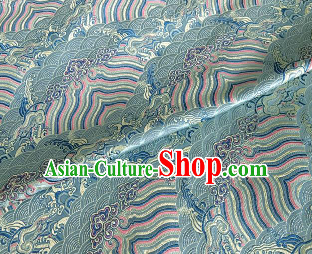 Asian Chinese Classical Wave Cliff Pattern Design Light Blue Brocade Jacquard Fabric Traditional Cheongsam Silk Material