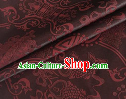 Asian Chinese Classical Double Fish Pattern Design Brown Silk Fabric Traditional Cheongsam Material