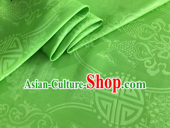 Asian Chinese Classical Double Fish Pattern Design Green Silk Fabric Traditional Cheongsam Material