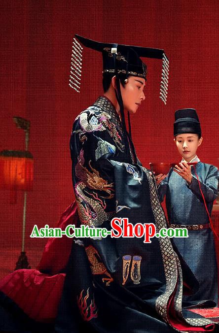 Traditional Chinese Ancient Crown Prince Wedding Clothing Drama Royal Nirvana Song Dynasty Xiao Dingquan Costumes and Hat for Men