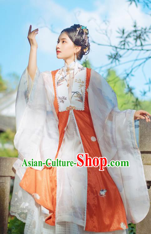 Chinese Traditional Hanfu Long Orange Vest Ancient Ming Dynasty Princess Costume for Women