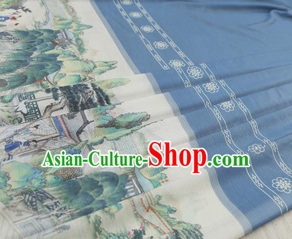 Asian Chinese Classical Printing Dream of the Red Chamber Pattern Design Blue Silk Fabric Traditional Hanfu Brocade Material