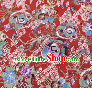 Asian Japanese Classical Swan Pattern Design Red Silk Fabric Traditional Kimono Brocade Material