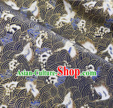 Asian Japanese Classical Wave Crane Pattern Design Navy Silk Fabric Traditional Kimono Brocade Material