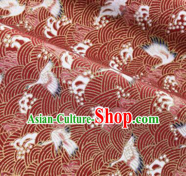 Asian Japanese Classical Wave Crane Pattern Design Red Silk Fabric Traditional Kimono Brocade Material
