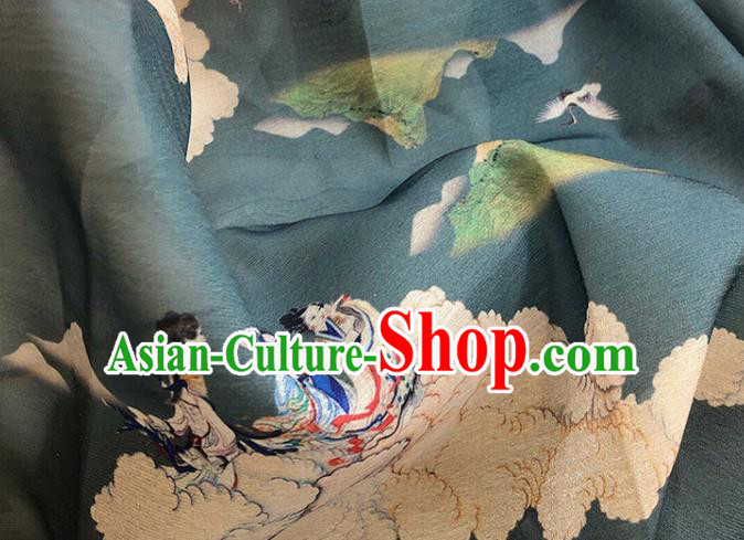 Asian Chinese Classical Printing Pattern Design Green Silk Fabric Traditional Hanfu Brocade Material