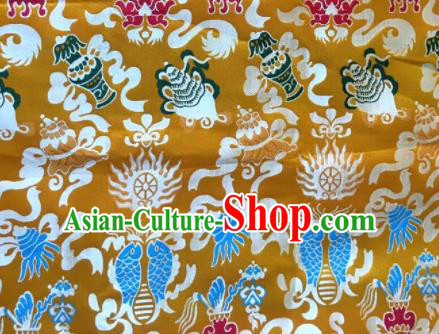 Asian Chinese Classical Fish Pattern Design Golden Silk Fabric Traditional Tibetan Brocade Material