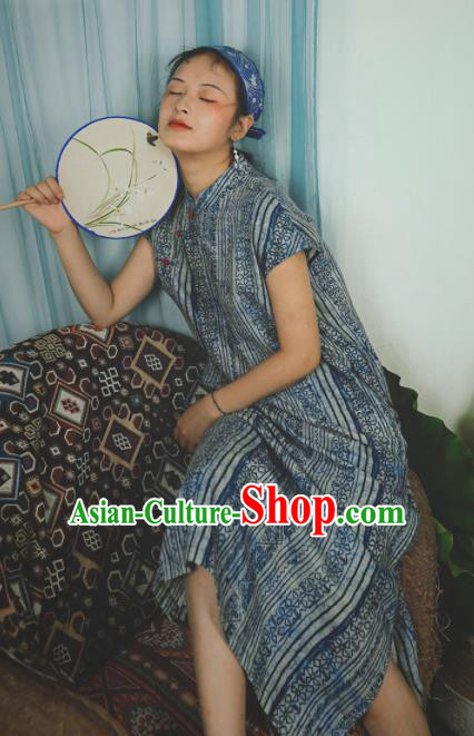 Chinese Traditional Navy Qipao Dress National Costume Cheongsam for Women