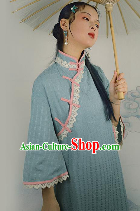 Chinese Traditional Blue Linen Qipao Dress National Costume Cheongsam for Women