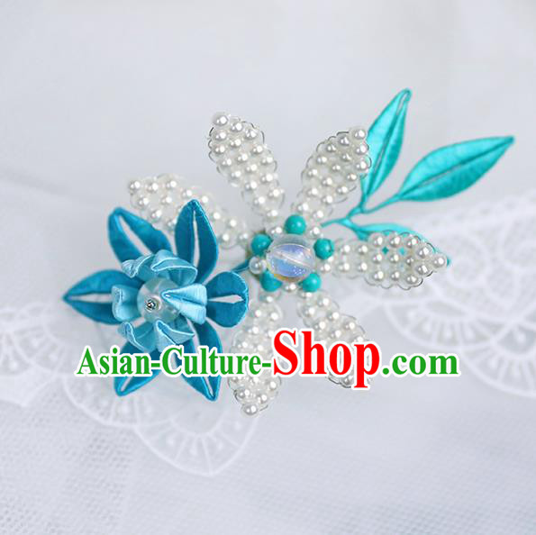 Chinese Traditional Blue Flower Pearls Hairpin Handmade Hanfu Hair Accessories for Women