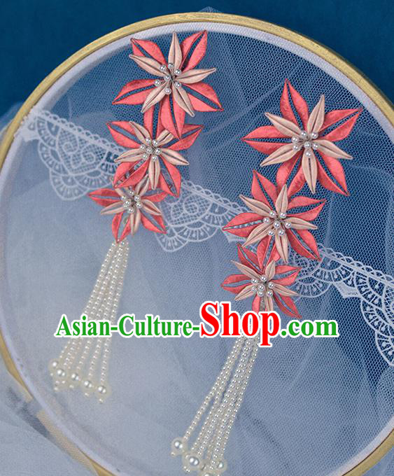 Chinese Traditional Pink Flower Tassel Hairpin Handmade Hanfu Hair Accessories for Women