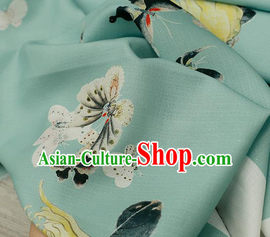 Asian Chinese Classical Printing Butterfly Pattern Design Green Silk Fabric Traditional Hanfu Brocade Material