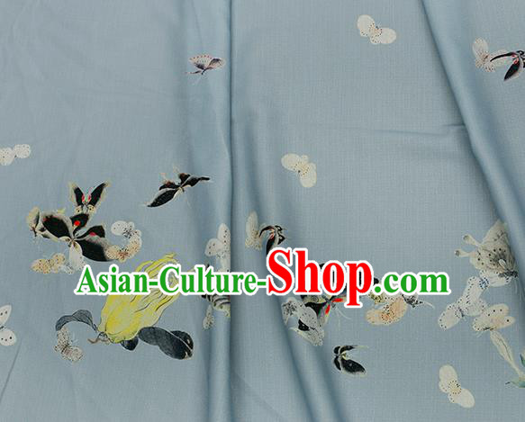 Asian Chinese Classical Printing Butterfly Pattern Design Blue Silk Fabric Traditional Hanfu Brocade Material