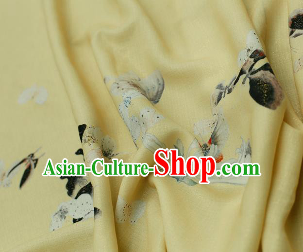 Asian Chinese Classical Printing Butterfly Pattern Design Yellow Silk Fabric Traditional Hanfu Brocade Material