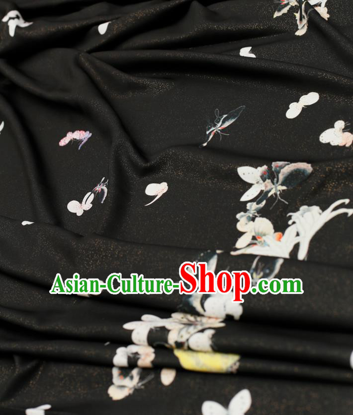 Asian Chinese Classical Printing Butterfly Pattern Design Black Silk Fabric Traditional Hanfu Brocade Material