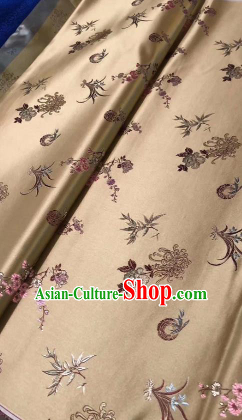 Asian Chinese Classical Plum Orchid Bamboo Chrysanthemum Pattern Design Light Golden Silk Fabric Traditional Nanjing Brocade Material