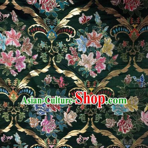 Asian Chinese Classical Peony Lily Flowers Pattern Design Green Silk Fabric Traditional Nanjing Brocade Material