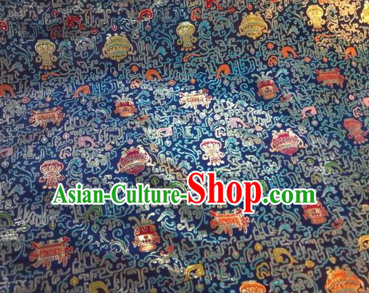 Asian Chinese Classical Eight Treasures Pattern Design Navy Silk Fabric Traditional Nanjing Brocade Material