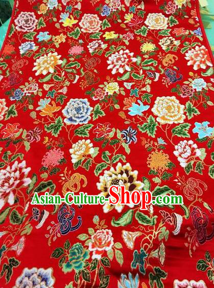 Asian Chinese Classical Peony Chrysanthemum Pattern Design Red Silk Fabric Traditional Nanjing Brocade Material