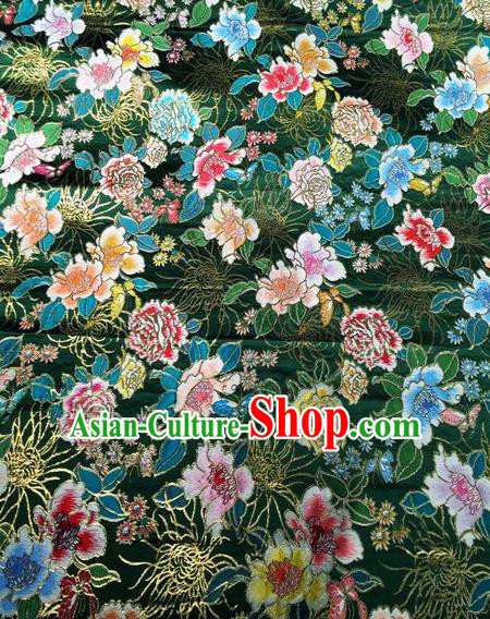 Asian Chinese Classical Peony Chrysanthemum Pattern Design Green Silk Fabric Traditional Nanjing Brocade Material