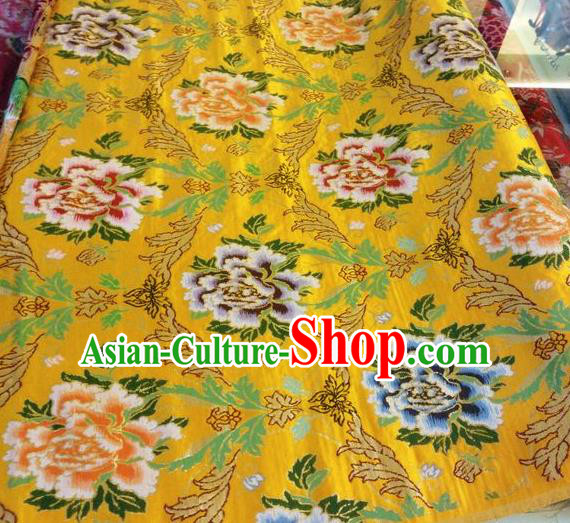 Asian Chinese Classical Peony Pattern Design Bright Yellow Silk Fabric Traditional Nanjing Brocade Material