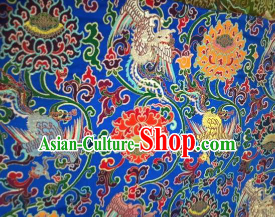 Asian Chinese Classical Phoenix Lotus Pattern Design Blue Silk Fabric Traditional Nanjing Brocade Material