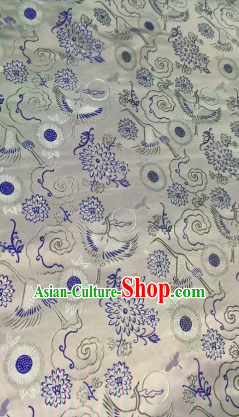 Asian Chinese Classical Chrysanthemum Crane Pattern Design White Silk Fabric Traditional Nanjing Brocade Material