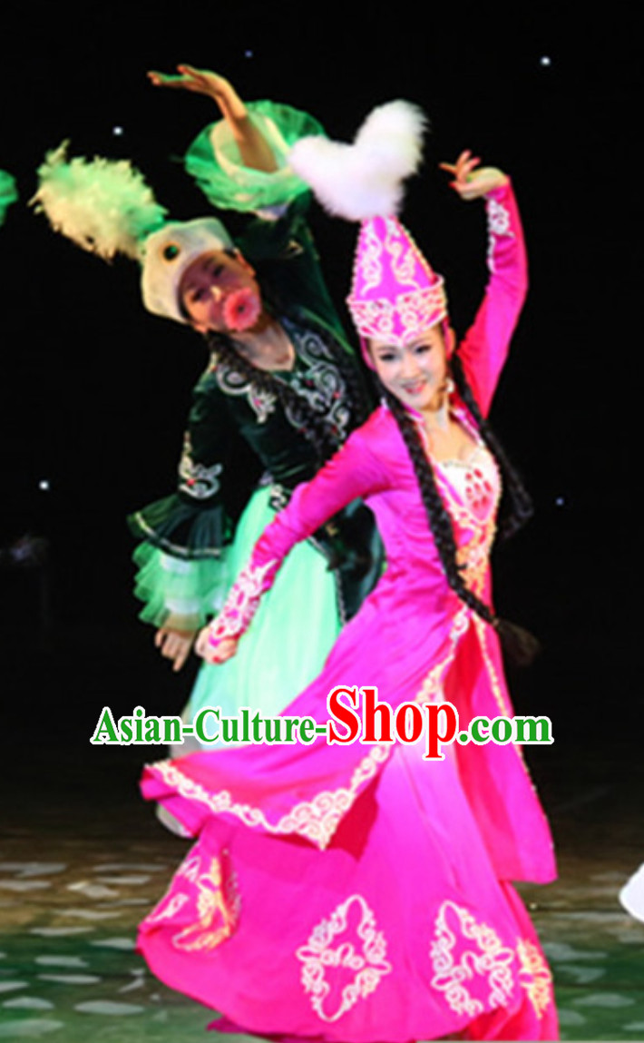 Chinese Traditional Kazakhstan Clothes Folk Dance Ethnic Dress and Hat Complete Set for Women