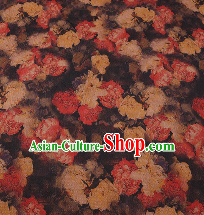 Asian Chinese Classical Roses Pattern Design Brown Watered Gauze Fabric Traditional Silk Material