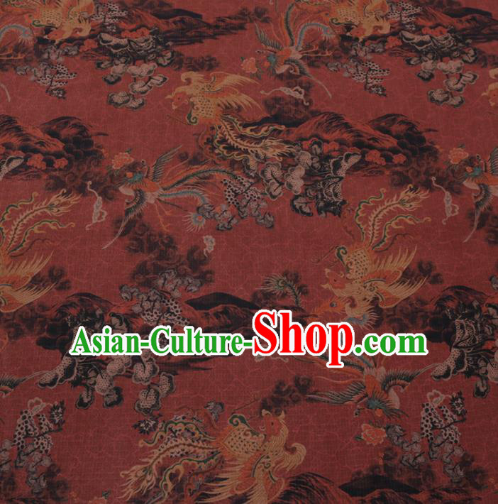 Asian Chinese Classical Phoenix Pattern Design Rust Red Watered Gauze Fabric Traditional Silk Material