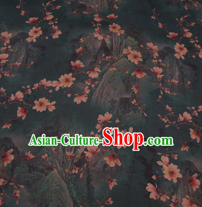 Asian Chinese Classical Yulan Magnolia Pattern Design Atrovirens Watered Gauze Fabric Traditional Silk Material