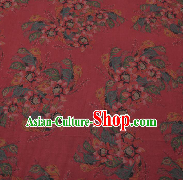 Asian Chinese Classical Ombre Flowers Pattern Design Wine Red Watered Gauze Fabric Traditional Silk Material