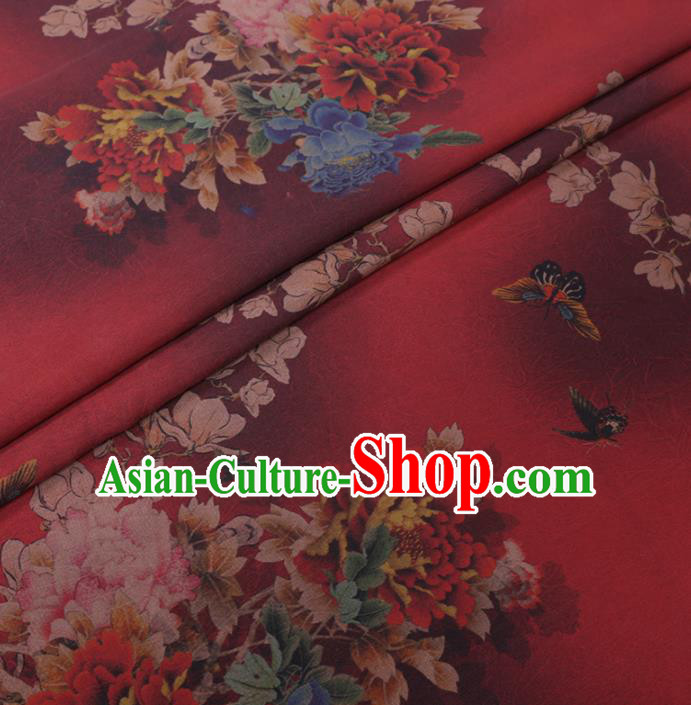 Asian Chinese Classical Peony Butterfly Pattern Design Dark Red Watered Gauze Fabric Traditional Silk Material