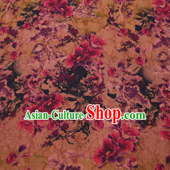 Asian Chinese Classical Flowers Pattern Design Ginger Watered Gauze Fabric Traditional Silk Material