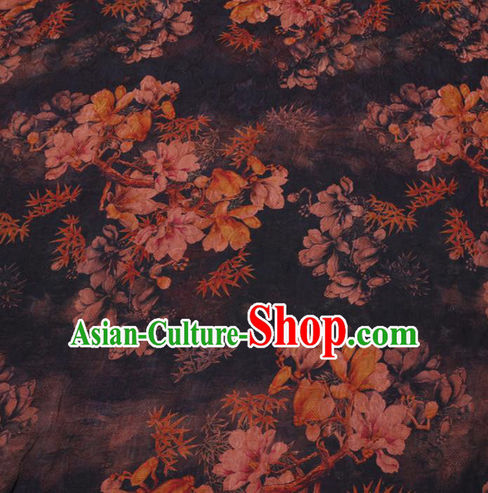 Asian Chinese Classical Magnolia Maple Leaf Pattern Design Navy Watered Gauze Fabric Traditional Silk Material