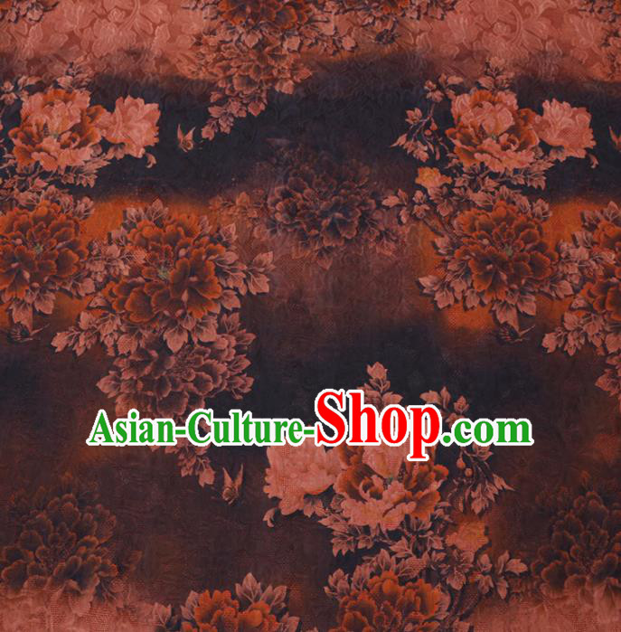 Asian Chinese Classical Peony Pattern Design Brown Watered Gauze Fabric Traditional Silk Material